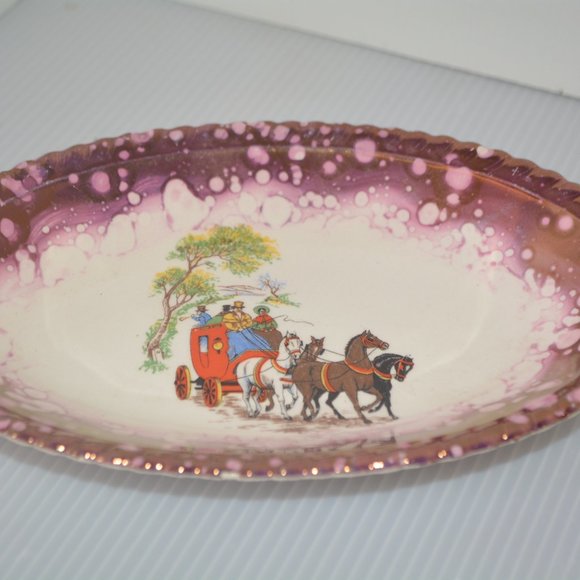 Gray's Pottery Lusterware Plate Dish Oval Stoke On Trent England Horse Carriage - Picture 4 of 9